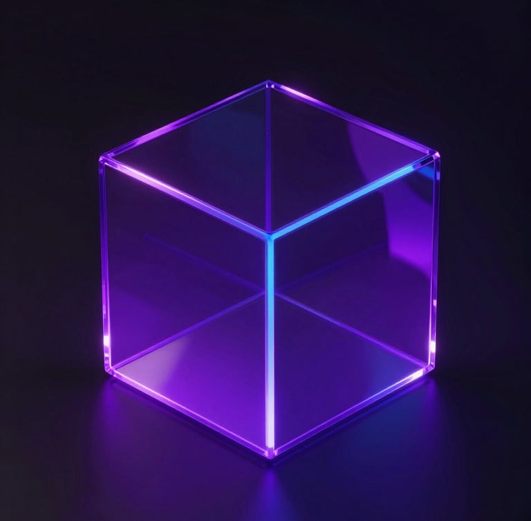 Premium 3d render of a glowing glass geometric structure, deep violet and royal blue neon light, dark mode aesthetic, ultra-detailed, 8k