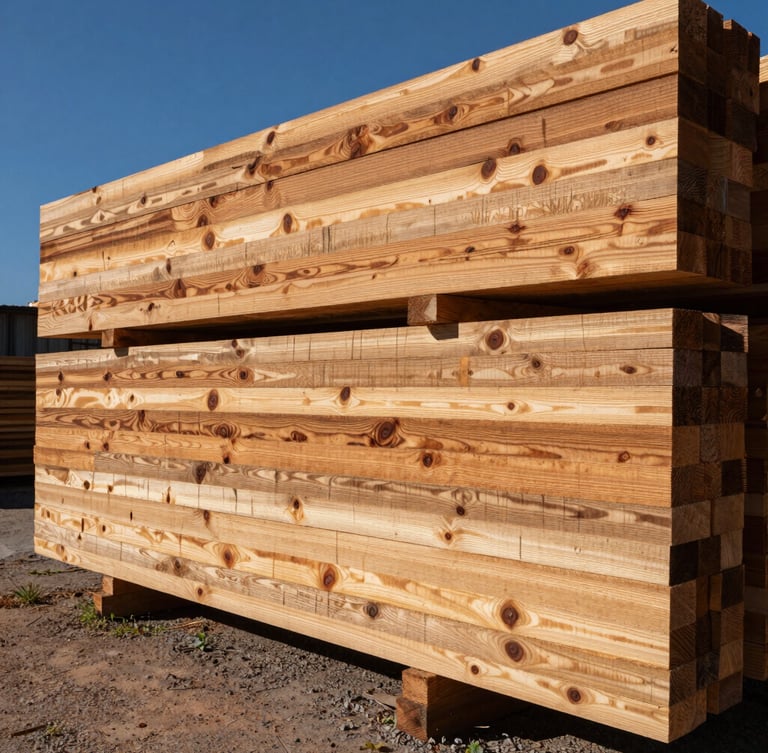 Vista lateral en plano medio de palets de madera nativa perfectamente apilados en el aserradero de Villa Ángela, mostrando la veta densa y el sello térmico NIMF 15 bajo la luz directa del sol chaqueño.