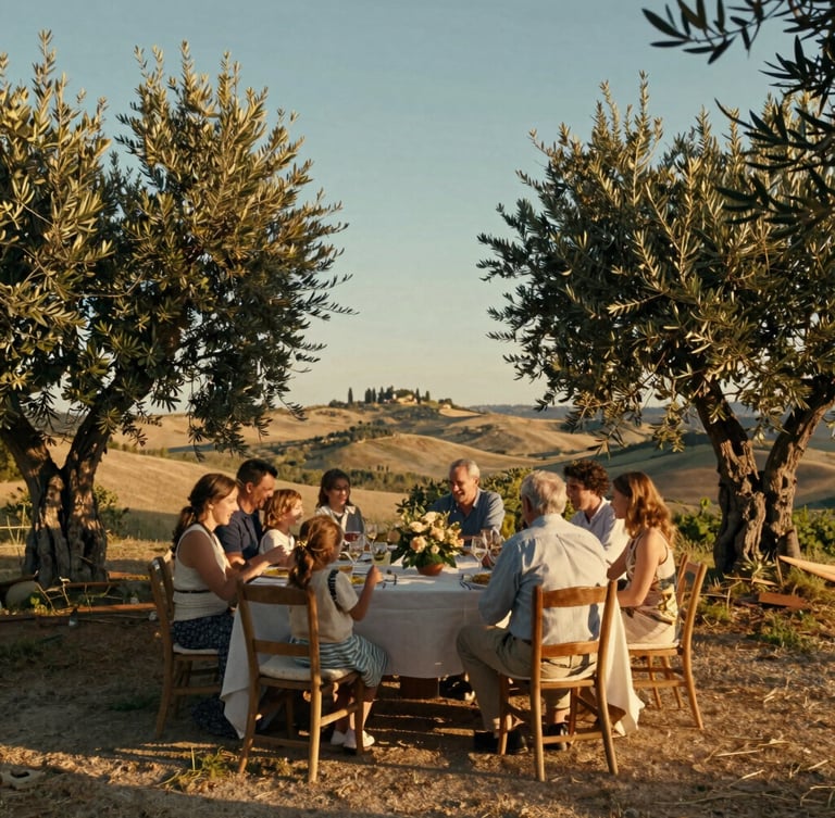 Wide cinematic editorial shot of a joyful family and friends dinner table outdoors under olive trees during golden hour in Tuscany, warm natural light, soft shadows, 35mm film aesthetic