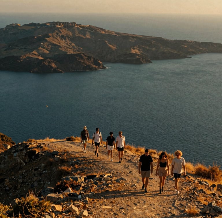 Wide-angle cinematic shot of a small group of friends walking along a golden-hour ridge in the Mediterranean, warm sunset light casting long soft shadows, deep blue sea in the background, editorial travel photography.