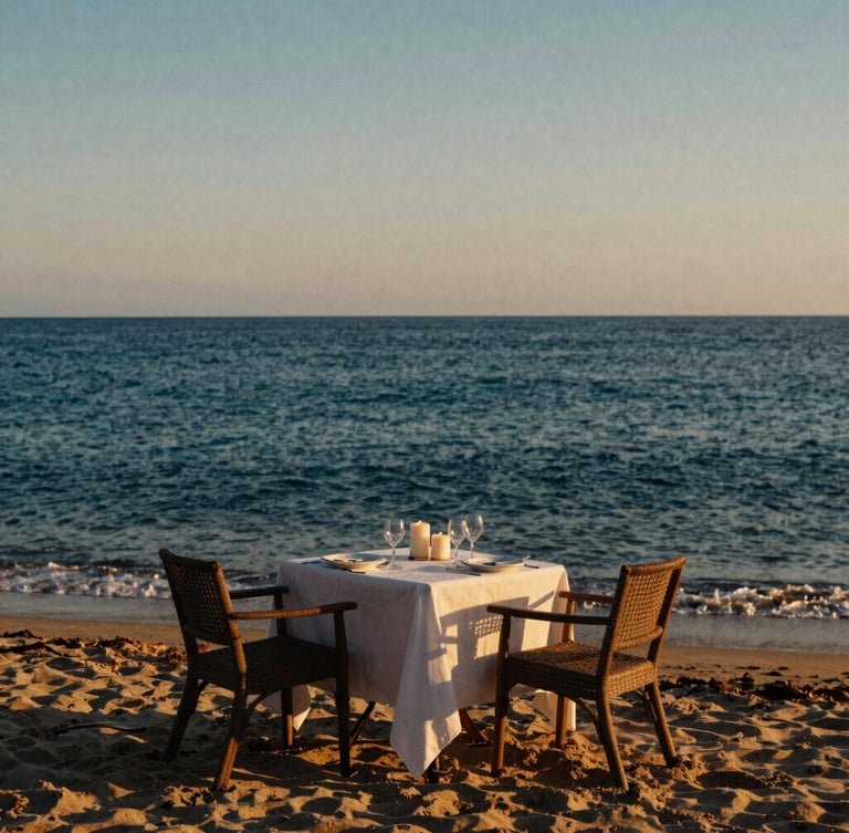 Cinematic editorial travel photography, golden hour warm light. A secluded private beach table set for two with candles, overlooking a calm deep blue ocean, 35mm film aesthetic.