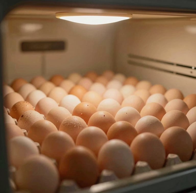 Clean incubator interior with eggs neatly arranged in rows, soft internal glow of the incubator lamps, warm editorial photography, 35mm