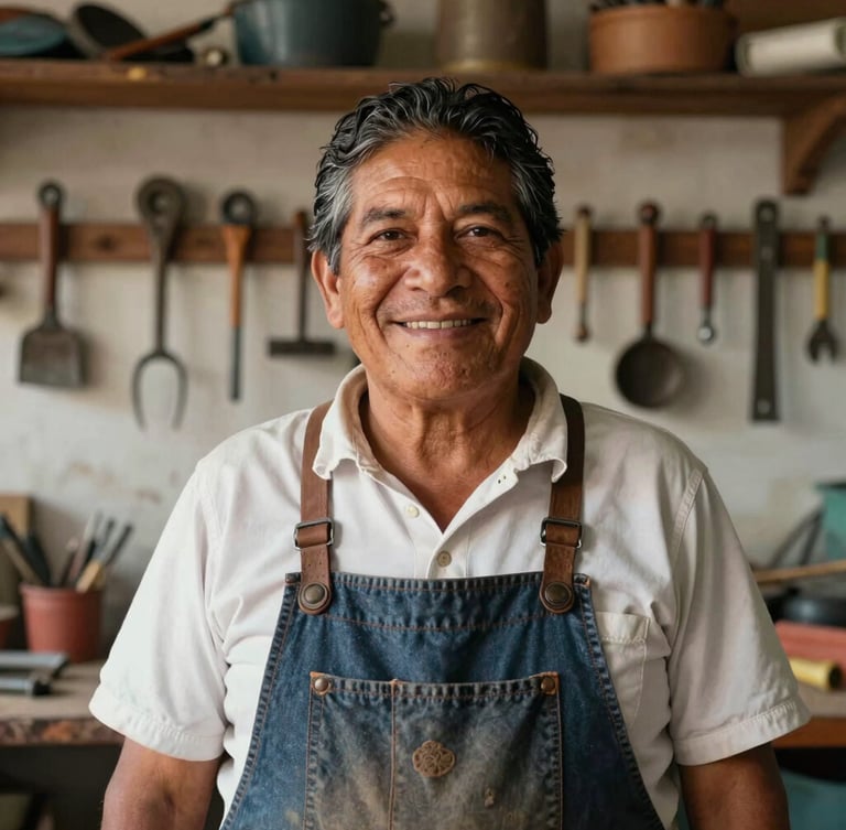 Environmental portrait of a proud Mexican workshop owner smiling warmly in natural daylight, authentic tools organized in the background.