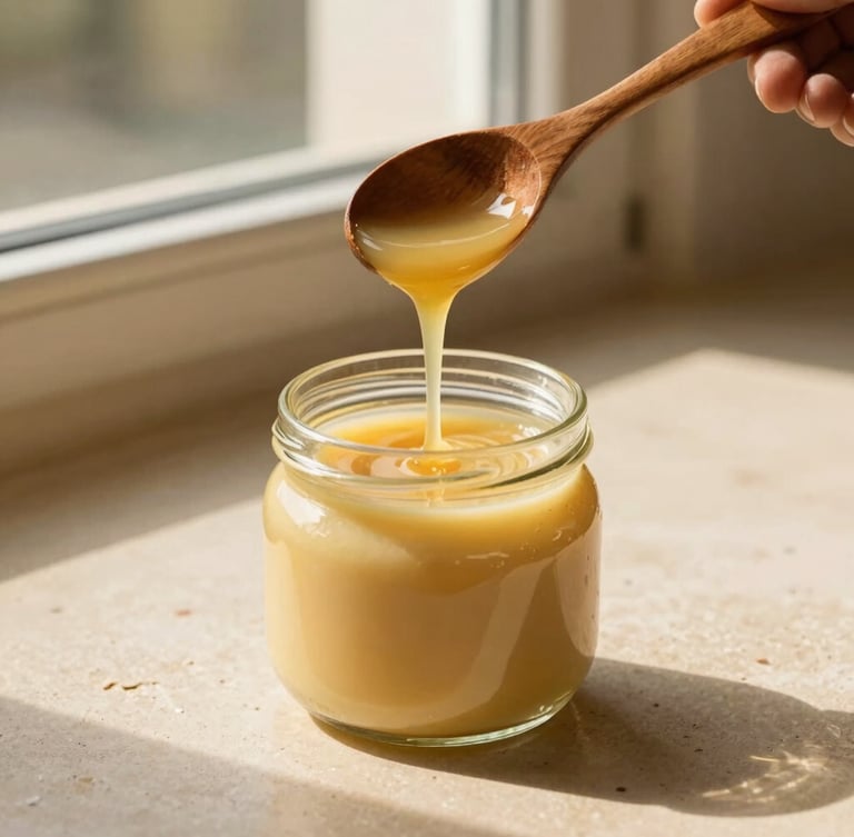 Warm editorial food photography, golden-hour window light, rich golden ghee being drizzled from a wooden ladle into an elegant glass jar on a warm cream stone countertop, shallow depth of field, 35mm