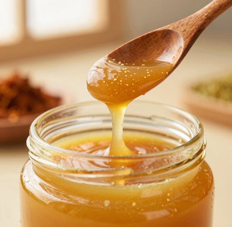 Macro close-up of golden, grainy DaneDar ghee being drizzled from a traditional wooden spoon into an elegant glass jar, warm morning light, shallow depth of field.