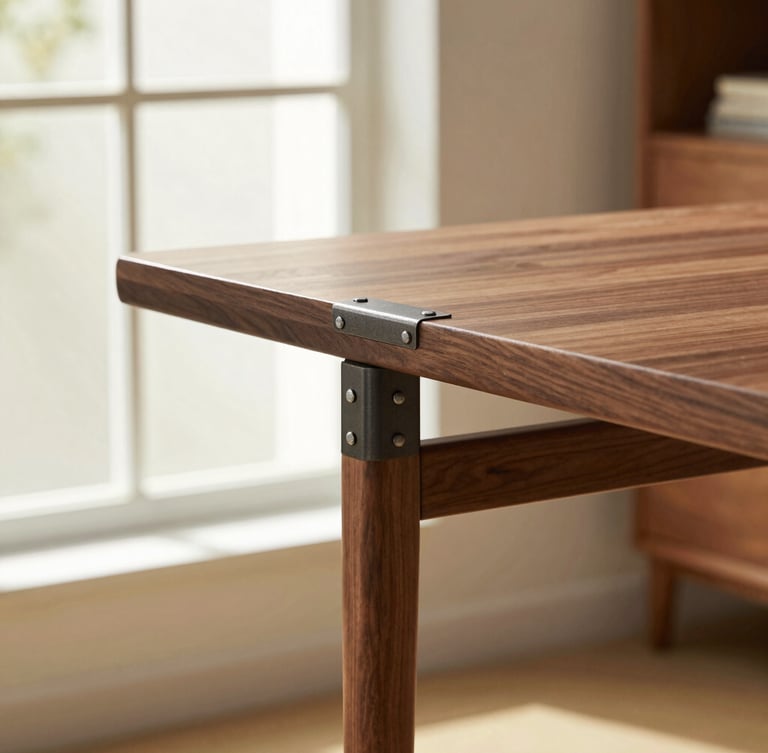 warm editorial photography of a solid walnut standing desk in a sunlit architectural home office, soft natural window light, macro detail of cast iron joints