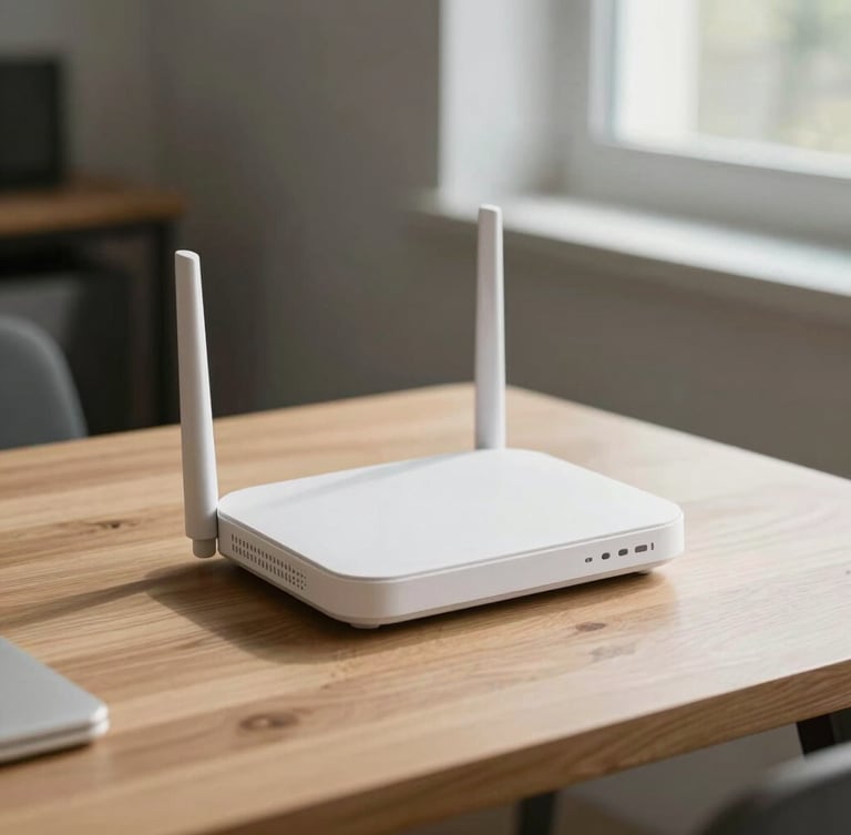 Sleek modern white internet router on a minimalist wooden desk, warm daylight filtering through a window, cool ambient shadows, shallow depth of field, 35mm photography