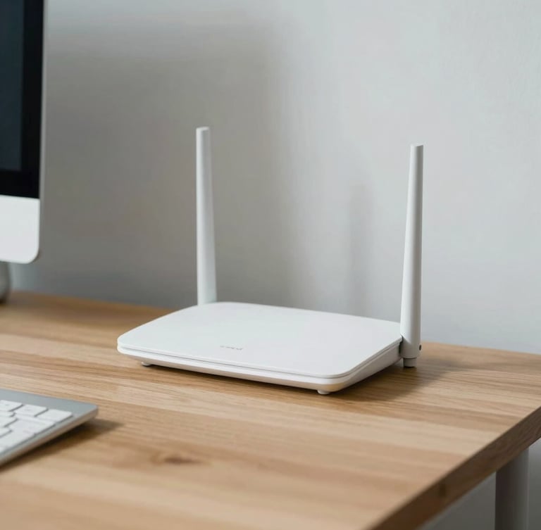 A minimalist home office workspace with a clean router on a wooden desk, bright natural daylight casting soft shadows, shallow depth of field, 35mm photography