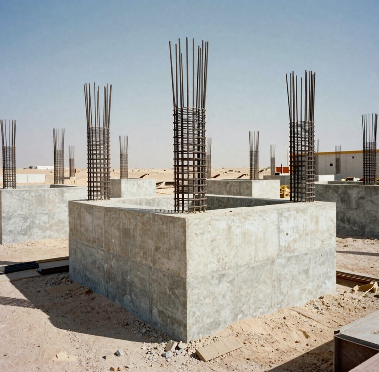 Low-angle monumental shot of a concrete foundation being poured on a massive industrial site in the desert, harsh daylight, deep shadows, steel reinforcement bars visible, 35mm