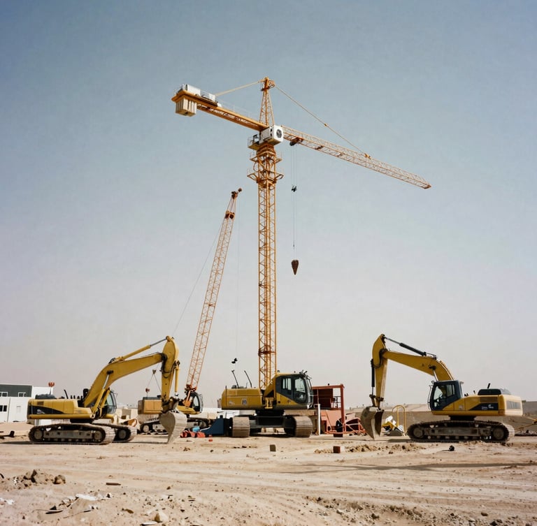 Low-angle monumental shot of heavy construction machinery, excavators and cranes working on a massive infrastructure project in a desert environment, harsh daylight with deep shadows, desaturated earth and steel tones, 35mm