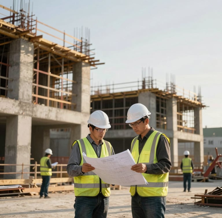 Professional engineers in white hardhats and high-visibility vests reviewing blueprints on an active construction site, concrete structures under construction in the background, high-contrast golden hour lighting, industrial editorial style