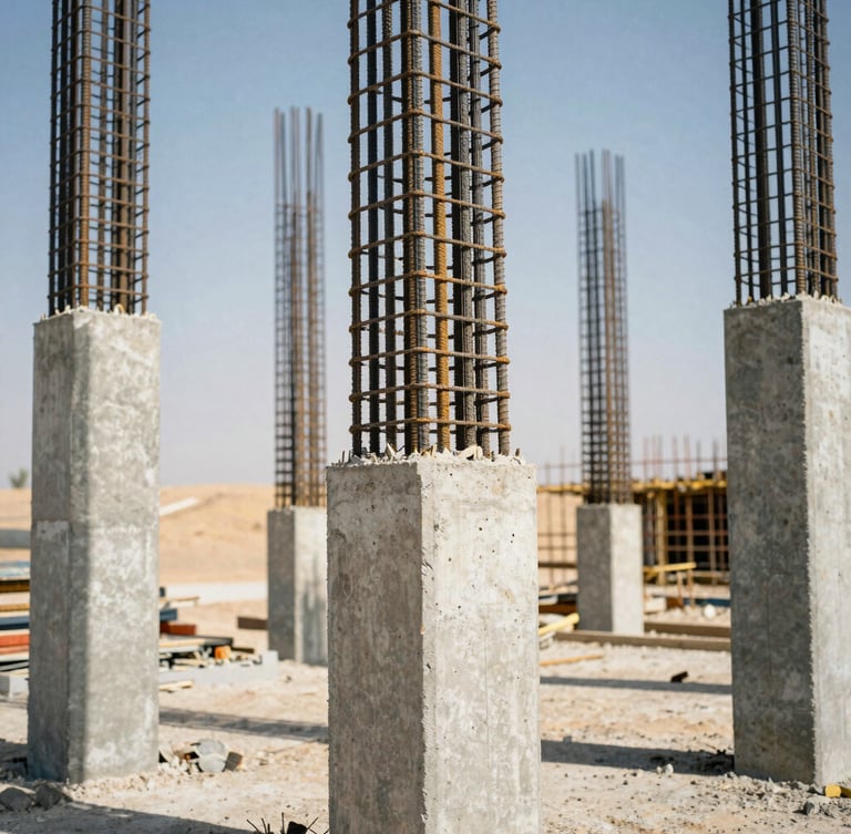 Close-up of raw steel reinforcement bars and poured concrete structural columns on an active construction site, harsh desert sun casting deep shadows, industrial editorial photography