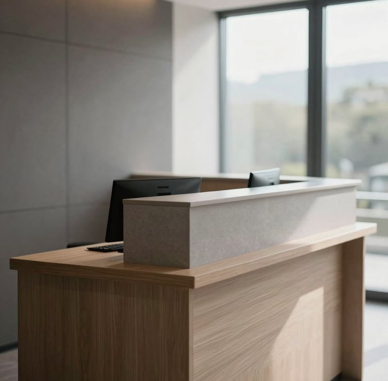 Clean structured hotel reception desk, natural window light, professional atmosphere, minimalist German design, sharp focus