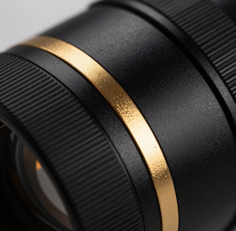 Extreme macro shot of matte black hardware with sharp gold foil accents, harsh directional lighting, metallic reflections.