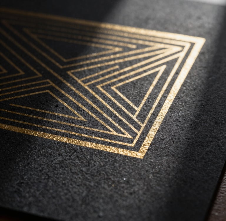 Extreme macro shot of heavy black cardstock with deep-embossed gold foil geometric lines, harsh directional lighting, dramatic shadows casting across the paper grain, museum-quality.