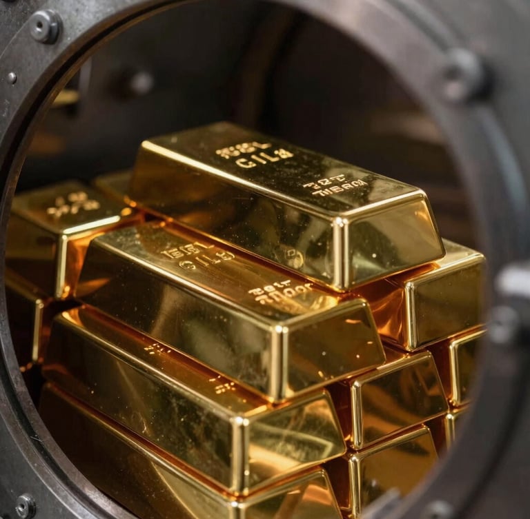Macro close-up of refined gold bars stacked in a secure vault, dramatic side lighting reflecting on metallic textures, high contrast, 35mm lens