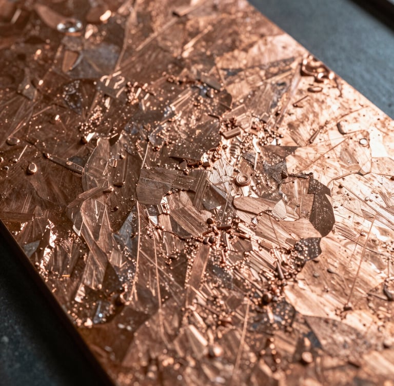 Macro close-up of a 99.99% pure copper cathode plate, showcasing the dense, raw metallic texture and crystalline structure under sharp industrial lighting.