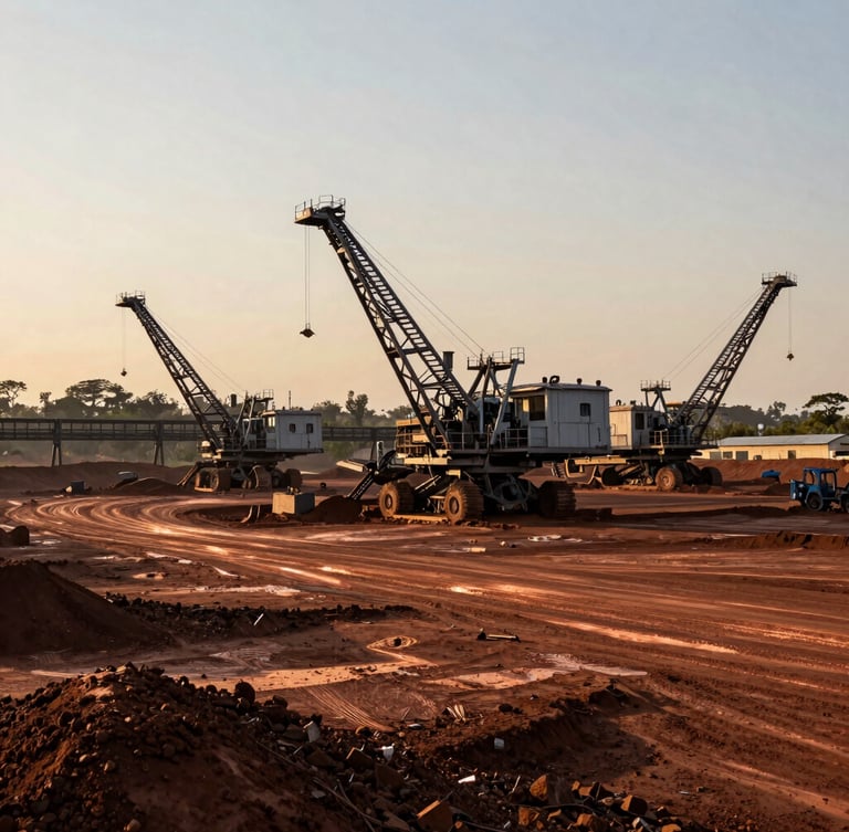 A wide-angle documentary shot of a modern Zambian mining site at golden hour, massive machinery in the background, warm light reflecting off rich earth.