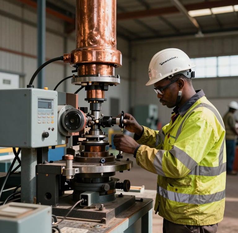 A local Zambian mining technician in high-visibility safety gear and hardhat calibrating modern geological equipment, bright natural daylight, industrial setting.