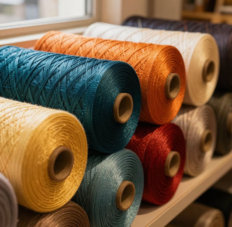 Close-up of raw silk bolts in rich jewel tones stacked neatly in a sunlit boutique, focus on fabric texture, warm golden glow