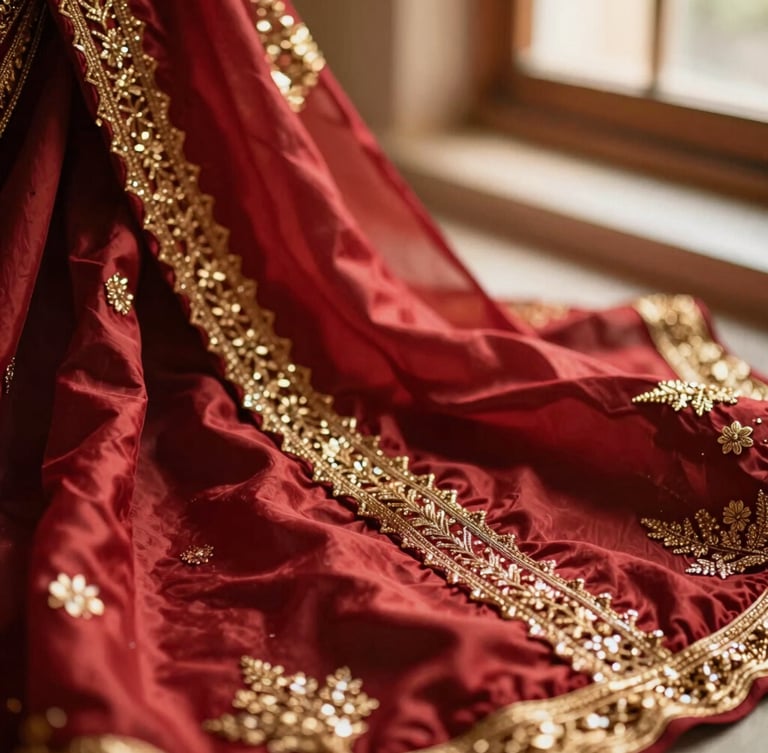 Close-up of rich crimson silk fabric with intricate gold zari embroidery, warm morning light reflecting off the threads, shallow depth of field, 35mm
