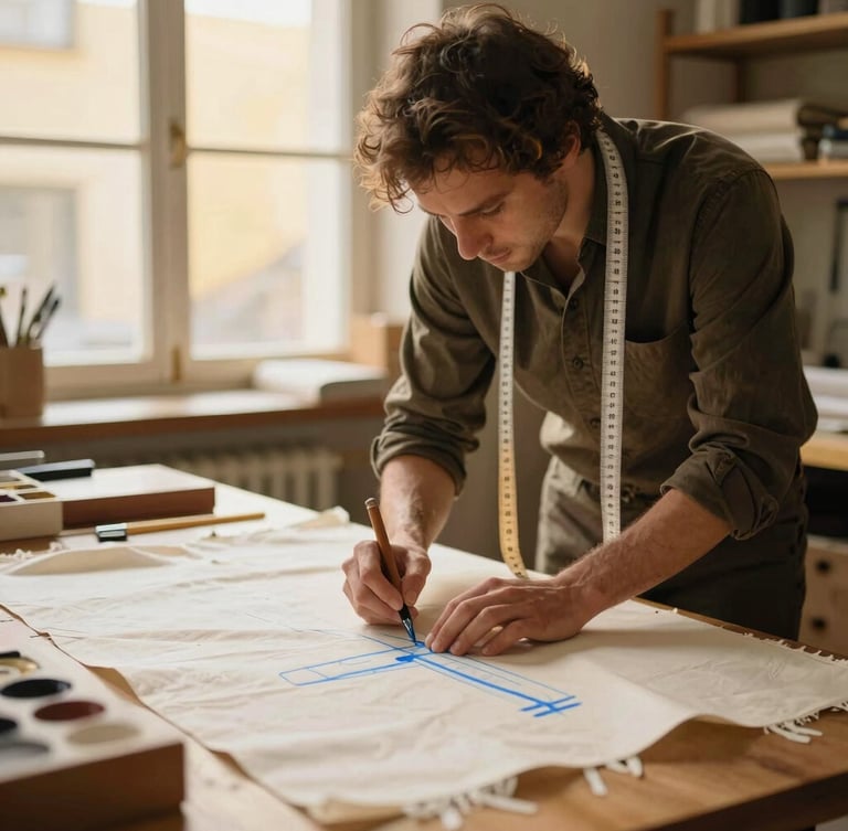 A master tailor in a warm boutique workshop, measuring tape draped over shoulders, carefully marking a cream fabric with blue chalk, soft window light