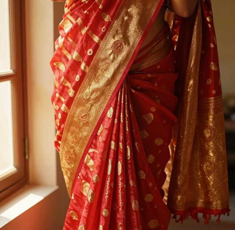 Medium close-up of vibrant crimson and gold zari silk saree fabric draped elegantly, warm golden hour window light highlighting intricate weave textures, 35mm photography