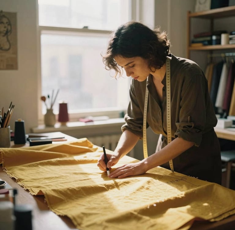 A master tailor at work in a warm boutique studio, marking rich marigold fabric with chalk, soft window light, 35mm photography.