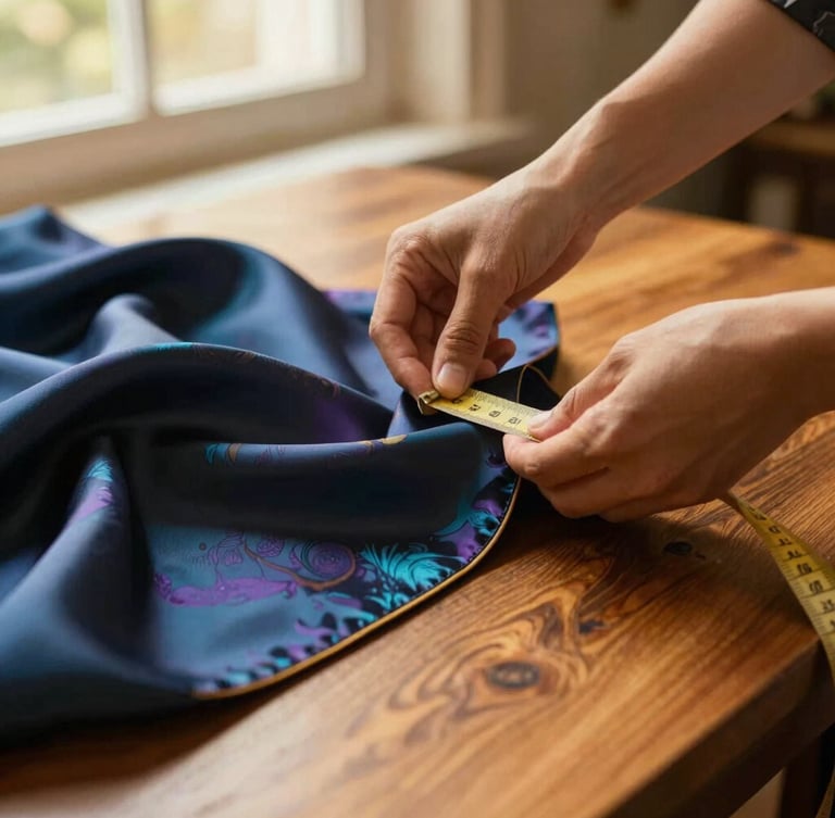 Medium close-up of hands measuring rich silk fabric with a vintage tape measure on a wooden table, warm golden hour window light, rich jewel tones