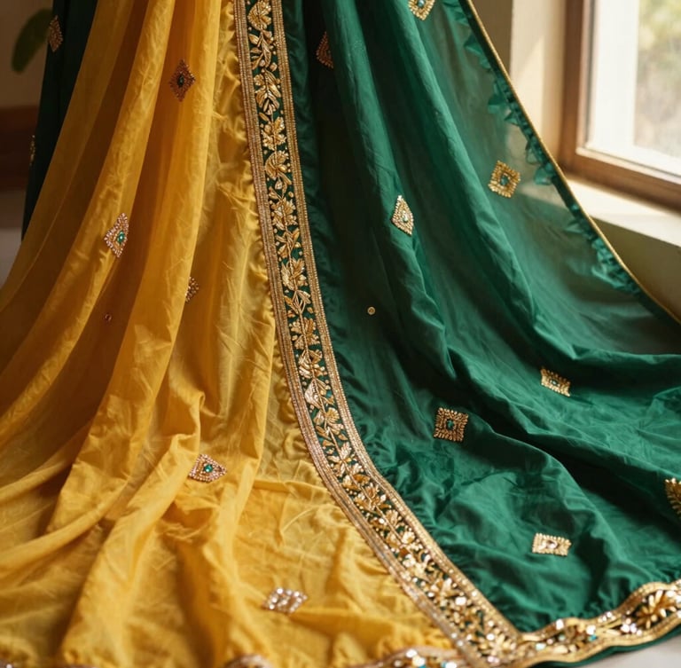 Medium close-up of premium unstitched dress materials in rich emerald and deep marigold, intricate gold zari embroidery catching warm afternoon window light, shallow depth of field.