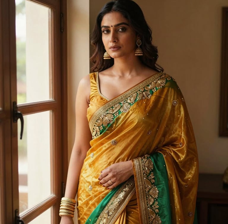 Elegant portrait of a woman in a beautifully draped rich marigold and emerald silk saree, standing near a window with soft natural light highlighting detailed zari embroidery