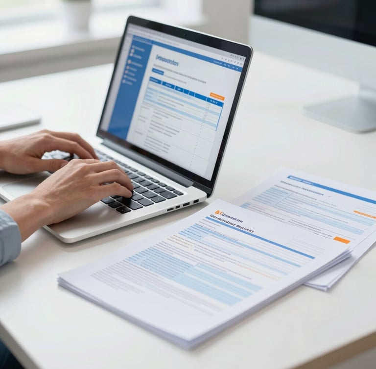 Bright modern home-office workspace, hands typing on a laptop next to neatly organized official Dutch tax documents, clean corporate photography, professional blue and white tones with subtle orange accents, sharp focus.