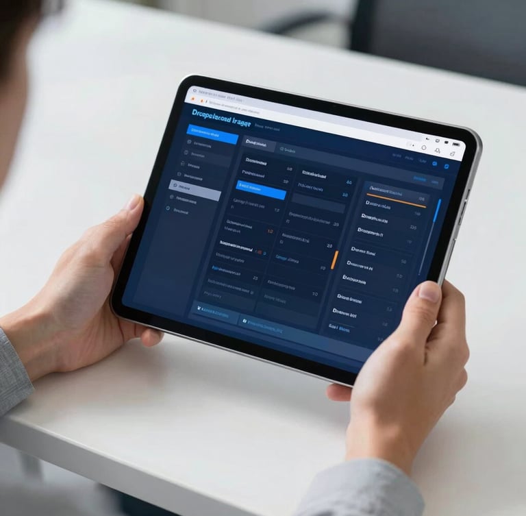 Close-up of hands holding secure digital tablet displaying encrypted server interfaces, clean desk background, bright natural daylight, professional blue and white tones, sharp focus.