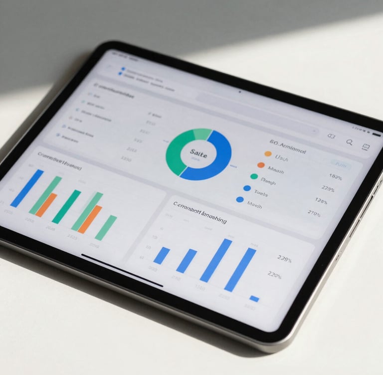 Macro shot of a high-end, minimalist tablet displaying complex e-commerce sales analytics and margin dashboards, crisp natural daylight, soft shadows