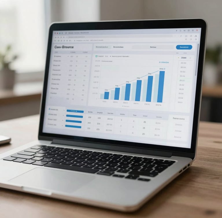 Macro shot of a clean, minimalist financial spreadsheet on a high-end laptop screen, displaying realistic e-commerce metrics and contribution margin charts, soft morning natural light, architectural workspace background.