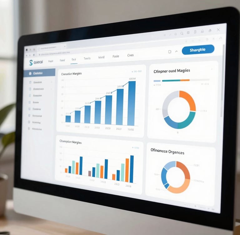 Macro shot of a clean, minimalist e-commerce dashboard on a modern display, displaying realistic contribution margin charts and channel distribution data, crisp natural daylight, soft shadows, premium corporate feel.