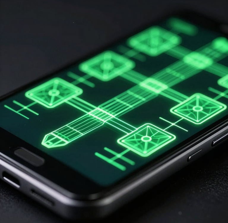 Extreme close-up of a high-end Android phone screen displaying glowing green wireframe game graphics in a dark studio, dramatic neon edge-lighting, macro lens
