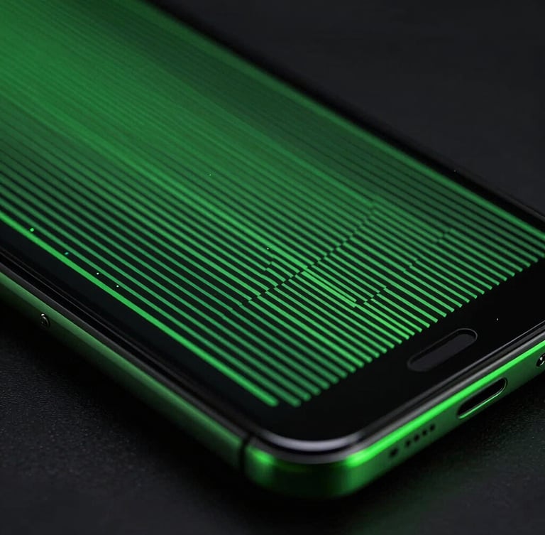 Sleek dark-mode technology photography, macro lens perspective of an Android device displaying pixel-perfect vector lines, vibrant green accents, deep obsidian shadows, dramatic neon edge-lighting.
