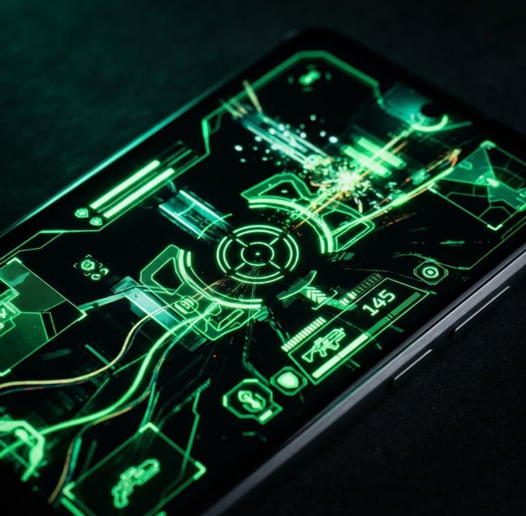 Sleek dark-mode technology photography, macro perspective of an Android phone screen displaying vibrant neon green game graphics, deep obsidian shadows, dramatic edge-lighting