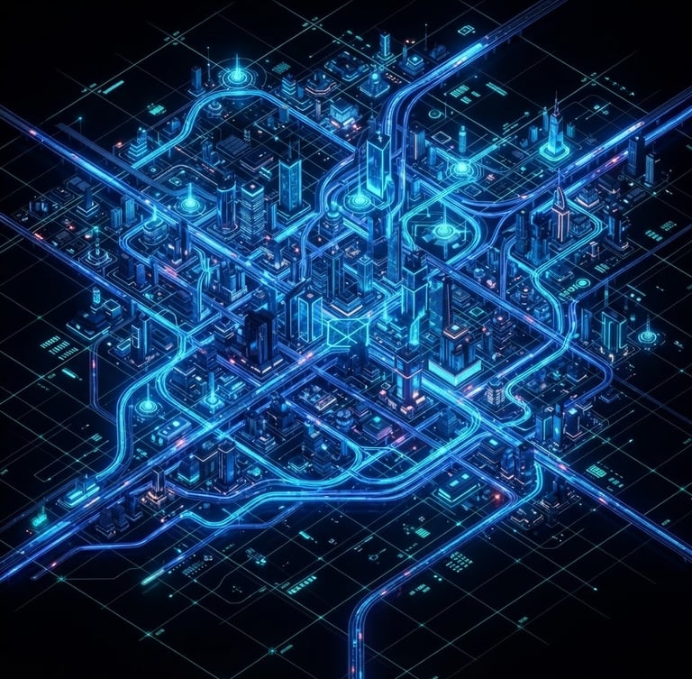Isometric 3D render of a glowing digital city map with electric blue routing lines, neon cyan coordinates, and high-contrast dark background