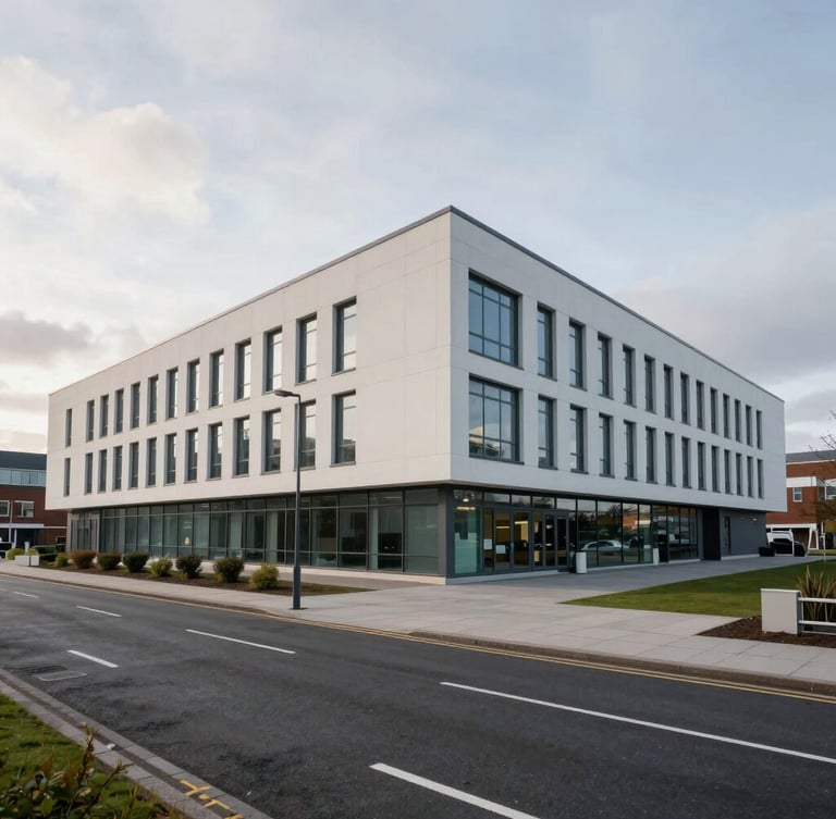 A wide, architectural view of a modern clinical facility in Belfast under soft, overcast daylight, focusing on clean lines and negative space.