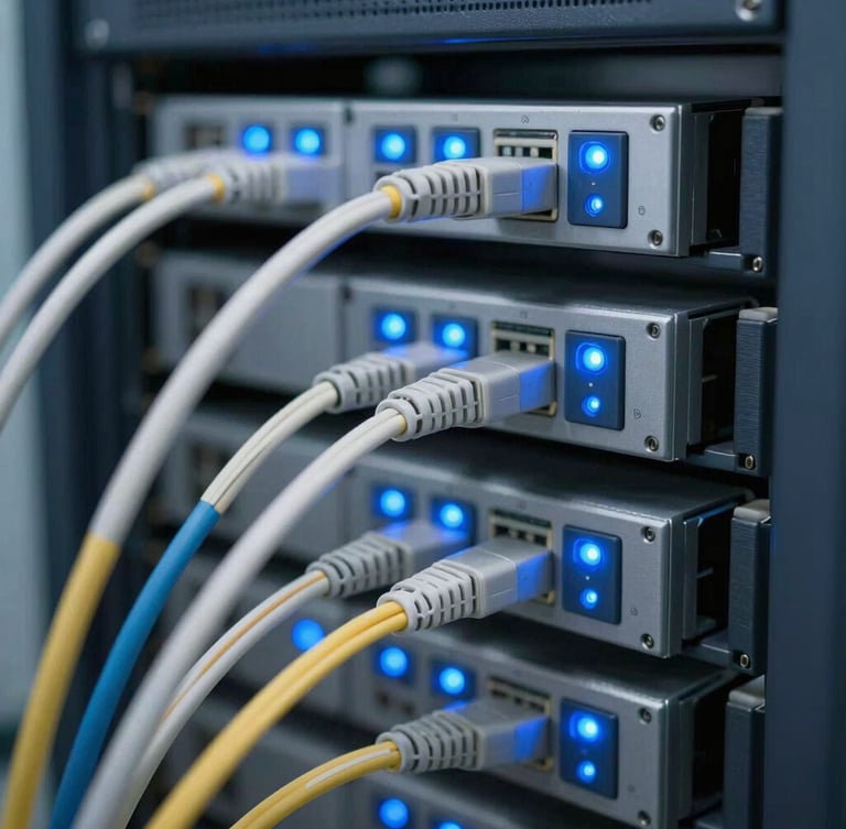Close-up of high-tech fiber optic cables and telecom server rack infrastructure, crisp blue indicator lights, cool technical daylight, 35mm lens