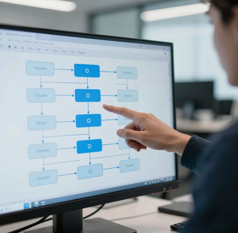 Crisp corporate photography, cool office daylight with blue screen-glow, 35mm lens. Close-up of a digital process map showing flowcharts on a high-resolution monitor, a consultant's hand pointing at a node, modern office background in Quito out of focus.