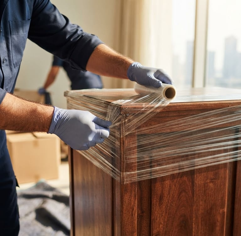 Close-up of professional moving crew hands carefully applying protective stretch wrap to a wooden cabinet corner, bright natural Abu Dhabi daylight, clean commercial photography, shallow depth of field.