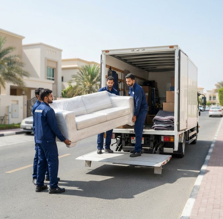 Bright natural Abu Dhabi daylight medium shot of a professional moving crew in clean navy uniforms carefully loading a neatly wrapped sofa into a clean, organized white truck parked on Al Shamkhah street.