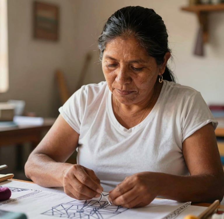 A dignified close-up portrait of a Latin American woman in her textile workshop, warm natural daylight, focused on her hands assembling a product, 35mm lens, shallow depth of field
