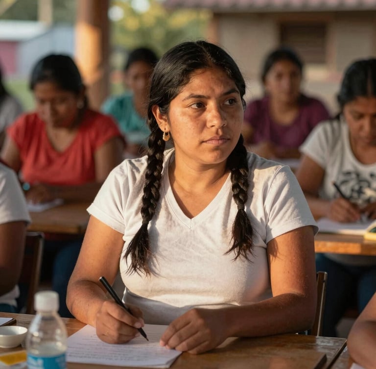 Warm editorial photograph of a Latin American woman leading a community workshop, natural golden-hour daylight, rich authentic tones, 35mm lens