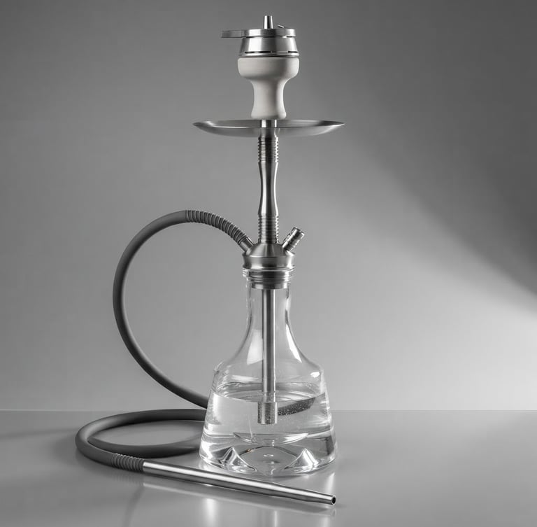 Crisp directional side-lighting on a premium stainless steel hookah with heavy-duty glass base, neutral gray studio backdrop, sharp focus, commercial catalog style