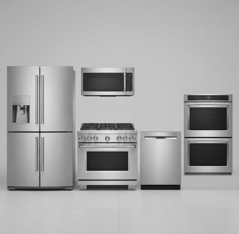 Crisp studio product photography of modern stainless steel kitchen appliances on a neutral gray background, clean sharp focus, commercial catalog style