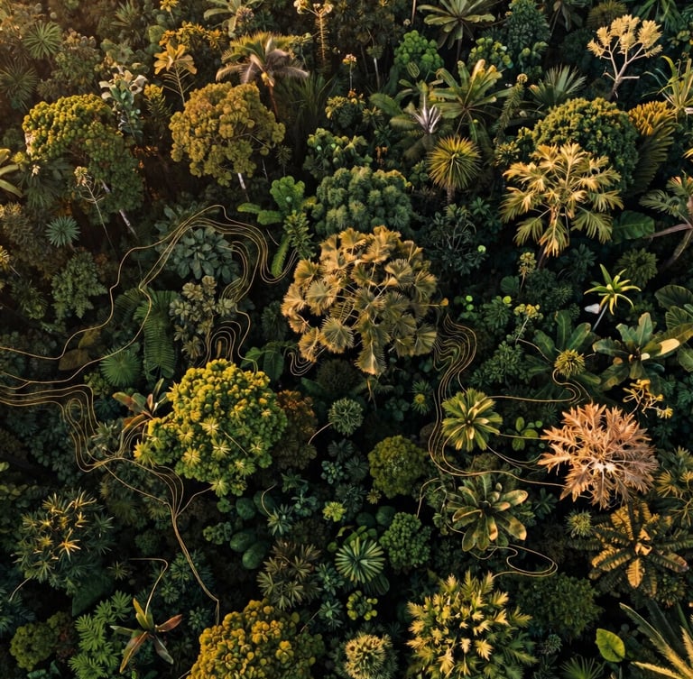 Aerial drone photography of a dense tropical forest canopy in West Africa, crisp morning light, thin golden vector lines subtly tracing topographical contours, 35mm film style